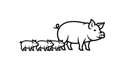 Mother Pig Leading Three Piglets in a Row, Simple Outline Illustration