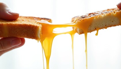 Hands pull apart toasted bread slice covered with melted cheese. Gooey cheese strings stretch forming liquid strands against bright background. Delicious comfort food.