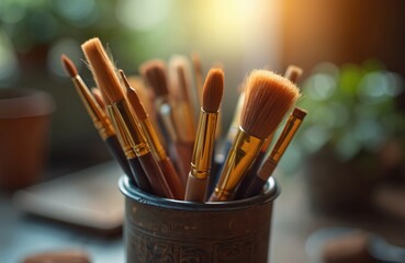 Set of assorted paint brushes stored in vintage metal cup. Artists tools with wooden handles and golden ferrules ready for use in studio. Diverse brush types for art creation.