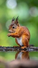 Close-up of a red squirrel drinking water in natural habitat