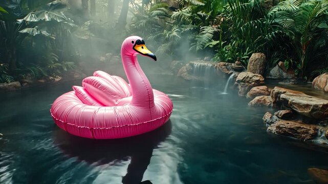 Pink flamingo inflatable in a tropical spa pool