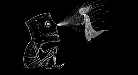 A haunting illustration of a monster exhaling a dove in darkness