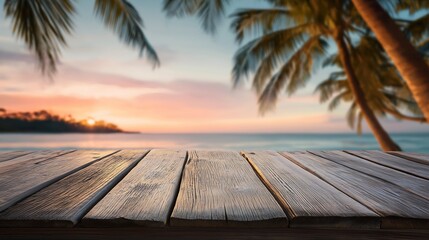 Empty wooden table product display showcase stage. Tropical summer sunset beach background