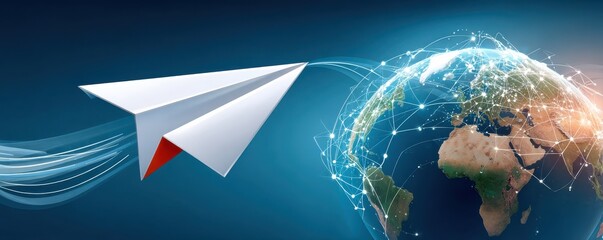 Paper airplane glides through a digital cloudscape with interconnected lines and geometric mountains