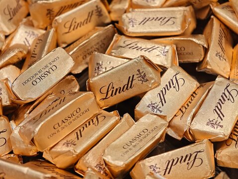 Grindelwald, Switzerland-Oct.2nd 2025: stacked Lindt Classico hazelnut chocolates