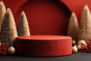 Red circular podium display with minimalist trees, gold decor, and a red vase arrangement