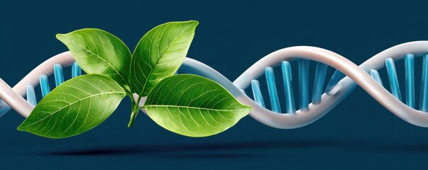 Green leaves sprouting from a red double helix DNA strand, symbolizing growth, nature, and genetics