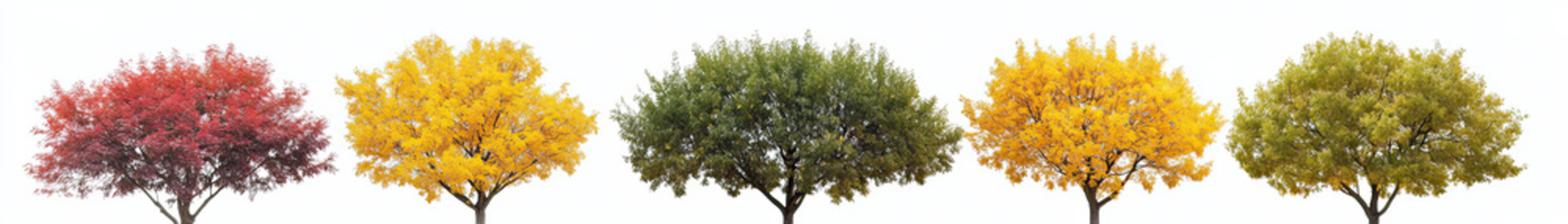 Six Chinese Tallow Trees with Fall Colors and Textured Bright Canopies on Transparent Background