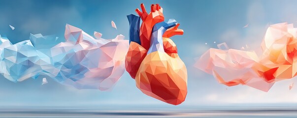 Abstract low-poly heart floating over blue gradient background, vibrant geometric art concept