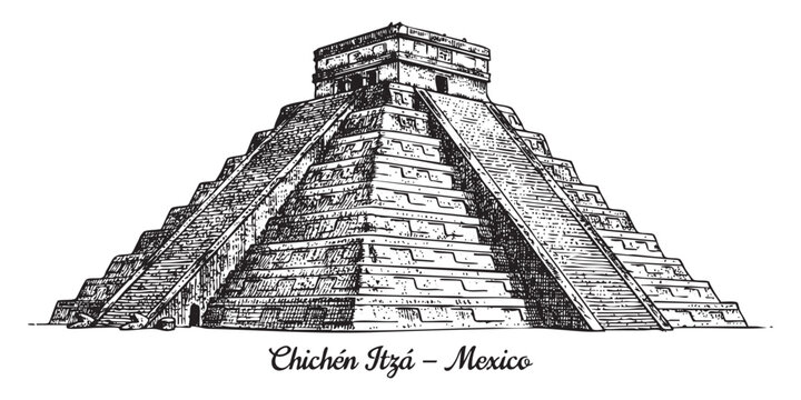 Chichen Itza Mayan pyramid temple of Kukulcan illustrated in a vintage black and white engraving style.