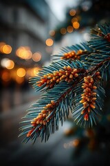 Close-up of a frosted Christmas tree branch with needles and warm bokeh lights in winter