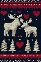 Winter knit pattern featuring a moose, Christmas trees, hearts and snowflakes on a navy blue background