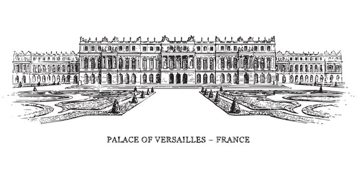 Royal Palace of Versailles facade and gardens illustrated in a vintage black and white engraving style.