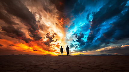 Two people standing in desert facing each other under dramatic sky with vibrant colors, evoking sense of wonder and connection