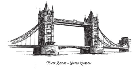 Tower Bridge over the River Thames in London illustrated in a vintage black and white engraving style. © trianatio