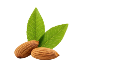 Two raw, unblemished almonds with light brown shells and two vibrant green leaves artfully arranged on a transparent studio background with copy space, natural harmony concept