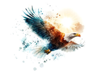 Watercolor bald eagle in flight, showcasing vibrant colors and dynamic movement, evokes sense of freedom and majesty