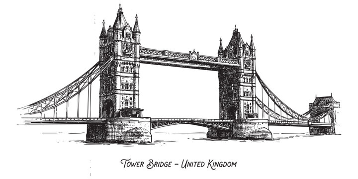 Tower Bridge over the River Thames in London illustrated in a vintage black and white engraving style.