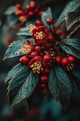 Holly branch with red berries in frost and dew, close up on evergreen leaves