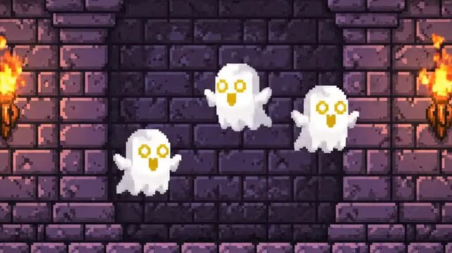 Pixel art animation of three ghosts flying in dark dungeon with burning torches