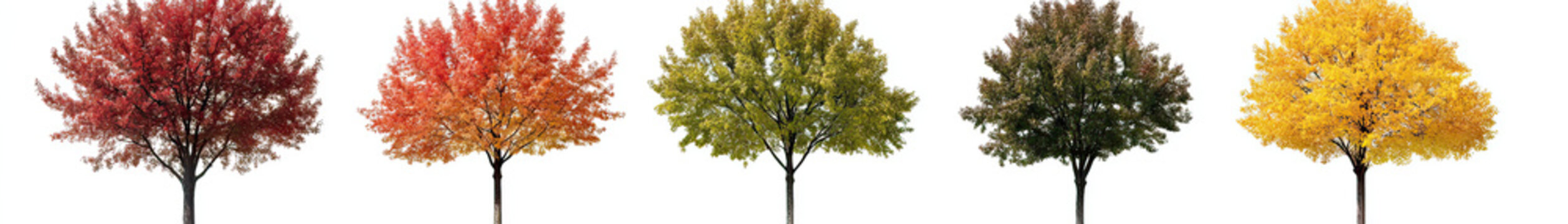 Six Fall Chinese Tallow Trees Arranged Evenly in Front Street View on Transparent Background
