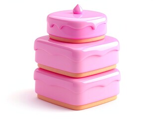 3-tiered pink square cake with frosting drip, isolated on white