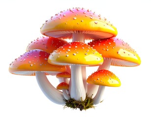 Vibrant cluster of toadstools, colorful caps with white dots and stems