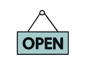 Simple illustration of a teal hanging sign with the word OPEN in bold black letters on a white background