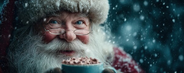 Santa Claus enjoys hot chocolate in a snowy, cozy winter moment with a warm mug