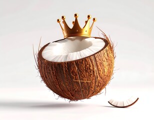 A halved coconut crowned with gold, a single piece beside it