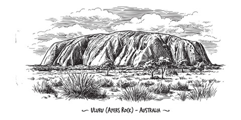 Uluru Ayers Rock in the Australian outback illustrated in a vintage black and white engraving style. © trianatio