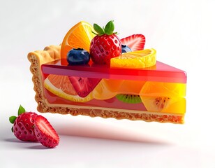 A slice of fruit tart with jelly glaze and fresh berries