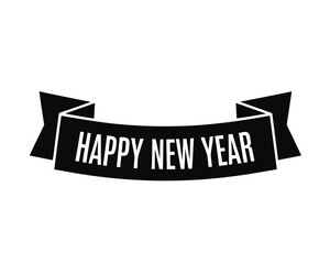Festive black ribbon banner with bold white 'Happy New Year' lettering, ideal for holiday greeting cards, celebratory event invitations, and seasonal graphic designs