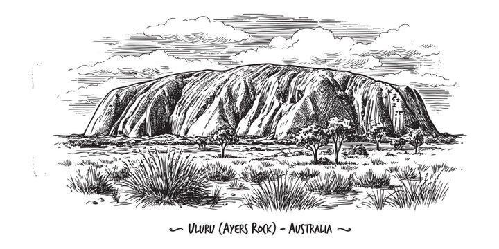 Uluru Ayers Rock in the Australian outback illustrated in a vintage black and white engraving style.