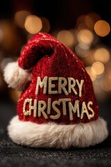 Merry Christmas glittery hat with gold lettering and cozy knit trim in red festive scene