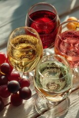 Colorful wine glasses with white, red, ros&eacute; and green liquids surrounded by grapes on a rustic table