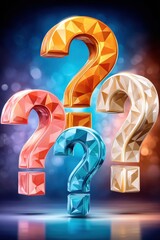 Colorful 3D question marks float in the air with a blue glow and reflective surface