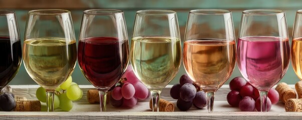 Assortment of wine glasses with colorful drinks lined up on a rustic shelf in a festive setting