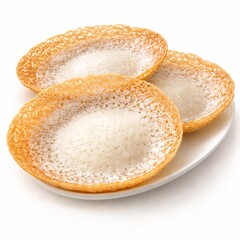 Appams with lace-like crispy edges and soft white center, gentle gradient shading, subtle sheen, rounded bowl-like 3D depth, layered composition, soft studio lighting