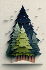 Layered paper-cut Christmas forest scene with green pine trees under a snowy alpine night sky