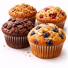 Bakery muffins with domed tops, soft crumb texture, glossy chocolate or fruit bits, subtle sugar sheen, rounded 3D volume, soft lighting, minimal bright background