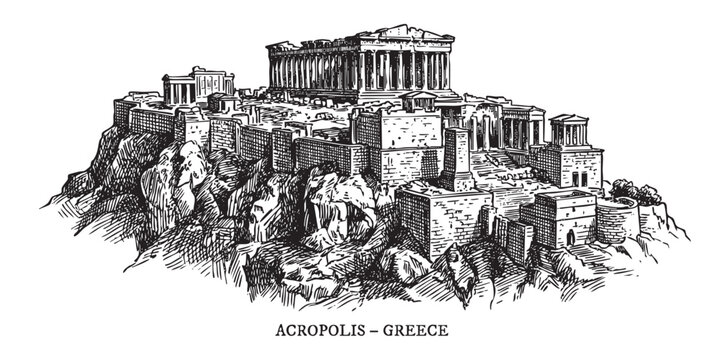 Acropolis citadel overlooking Athens illustrated in a vintage black and white engraving style.