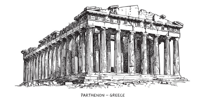 Parthenon temple on the Acropolis illustrated in a vintage black and white engraving style.
