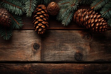 Rustic wooden background with pine cones and evergreen branches along the edge for holiday crafts