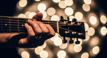 Playing Guitar Close-Up with Blurred Festive Lights Background