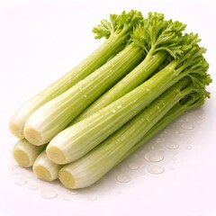 Fresh celery stalks arranged neatly, pale green glossy surfaces with crisp ribbed texture, visible leaf tops, realistic moisture droplets, strong rounded volumetric depth