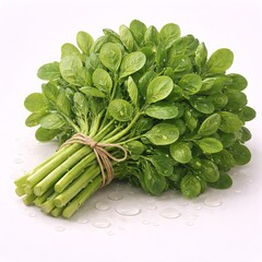 Fresh fenugreek leaves bundled together, delicate oval green leaves, subtle glossy highlights, realistic moisture droplets, layered natural arrangement, rounded 3D depth
