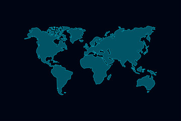 Naklejka premium Neon World Map Outline on Dark Blue Background. Glowing cyan world map silhouette on a dark blue gradient background. Modern global network and technology concept. Vector world map