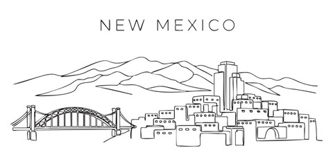 Obraz premium New Mexico state skyline featuring Albuquerque buildings and landscape illustrated in a continuous one line drawing style.