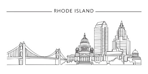 Rhode Island state skyline featuring Providence buildings and Newport bridge illustrated in a continuous one line drawing style. © trianatio